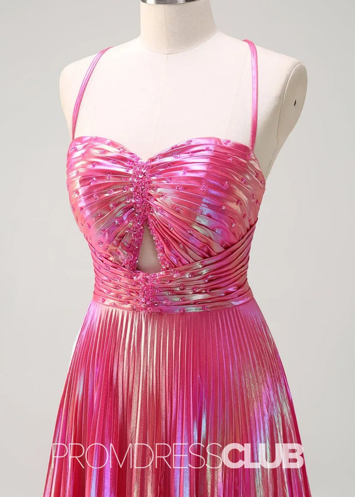 Rae |Long Fuchsia Metallic Prom Dresses Websites With A Line Spaghetti Straps Pleated Slit - Price #price_variant_lowest# - Fuchsia - PromDressClub