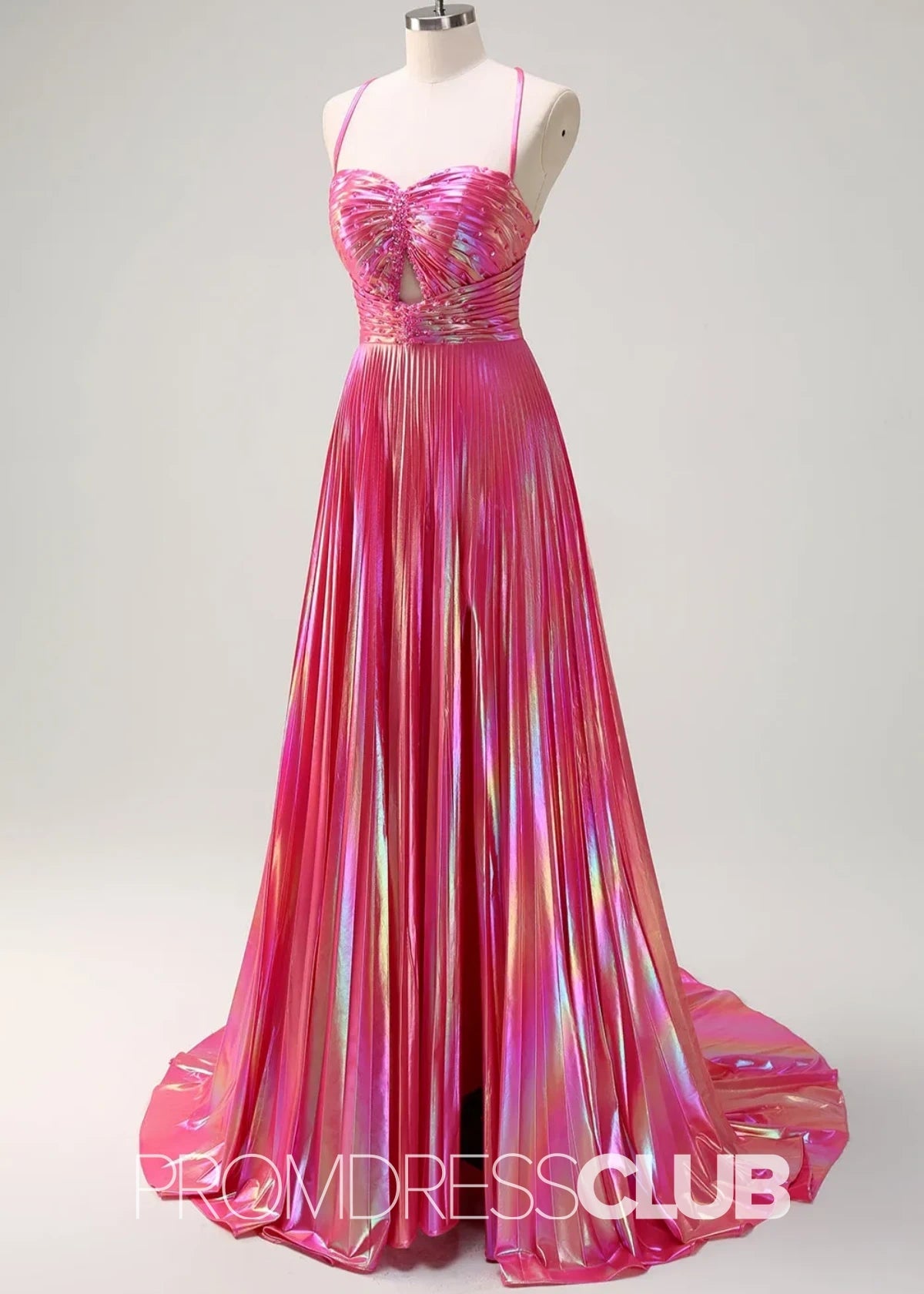 Rae |Long Fuchsia Metallic Prom Dresses Websites With A Line Spaghetti Straps Pleated Slit - Fuchsia - PromDressClub