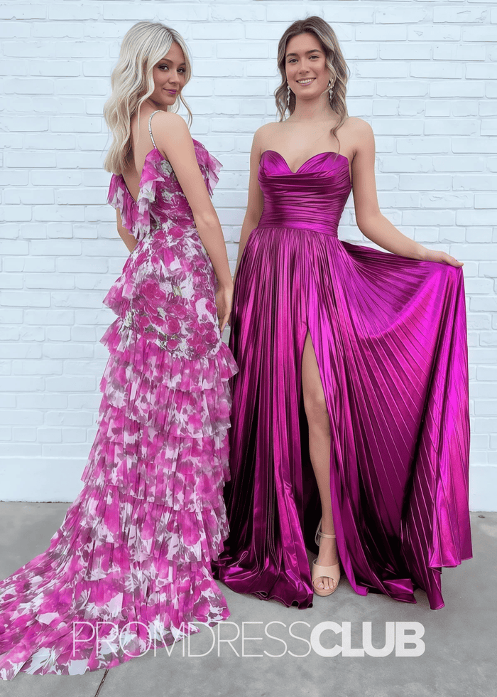 Regina |Fuchsia Metallic Long Prom Dresses Websites With A Line Sweetheart Pleated Slit - Price #price_variant_lowest# - Fuchsia - PromDressClub