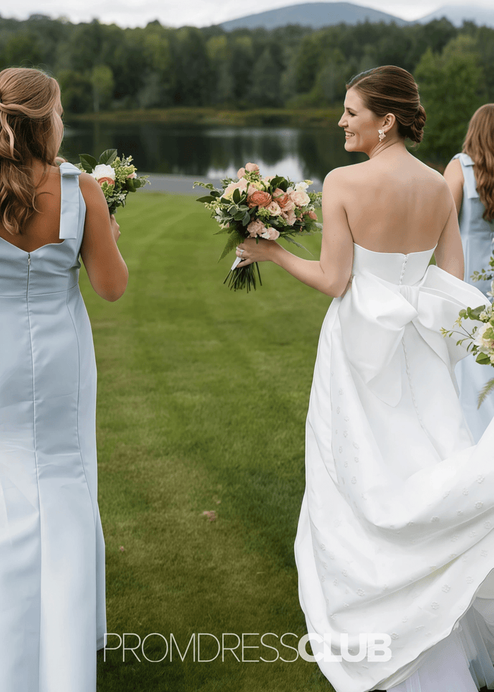 Renata | Elegant Straps Sheath Column Bows Pleats Light Blue Satin Long Bridesmaid Dress - Price #price_variant_lowest# - Light Blue - PromDressClub