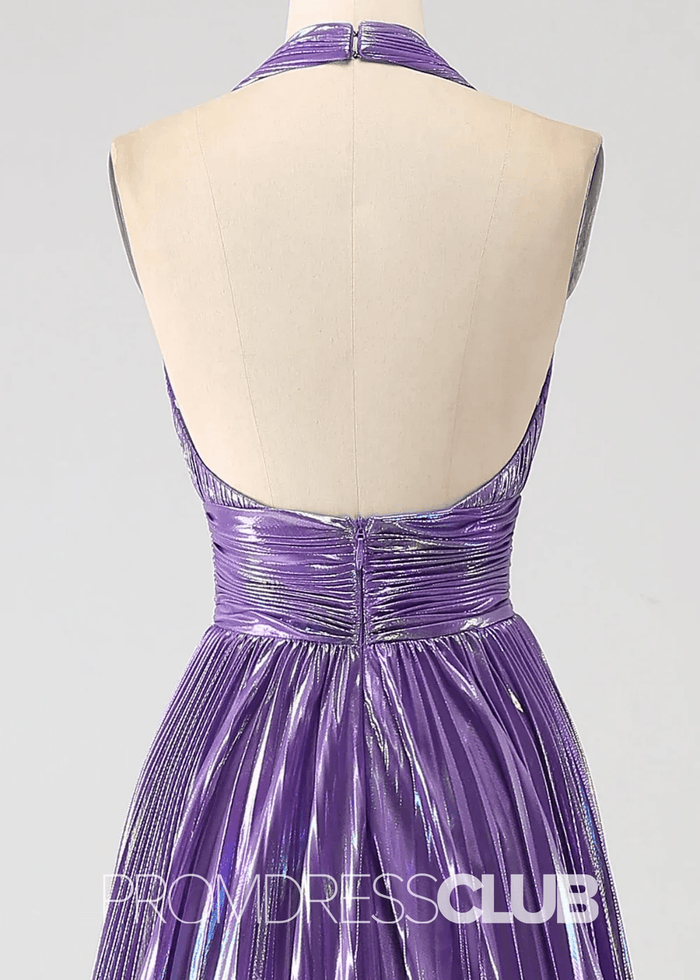 Renee |Long Blue Metallic Prom Dresses Websites With Halter Neck A - Line Pleated Slit - Price #price_variant_lowest# - Purple - PromDressClub