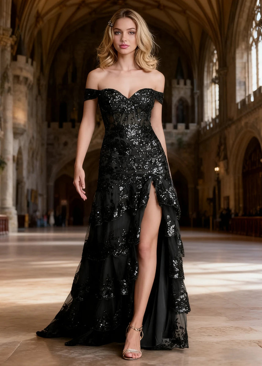 Reverie Black Ruffle Off the Shoulder Prom Dress | Mermaid Sweetheart Strapless Sequin Dress Split - US0 - PromDressClub