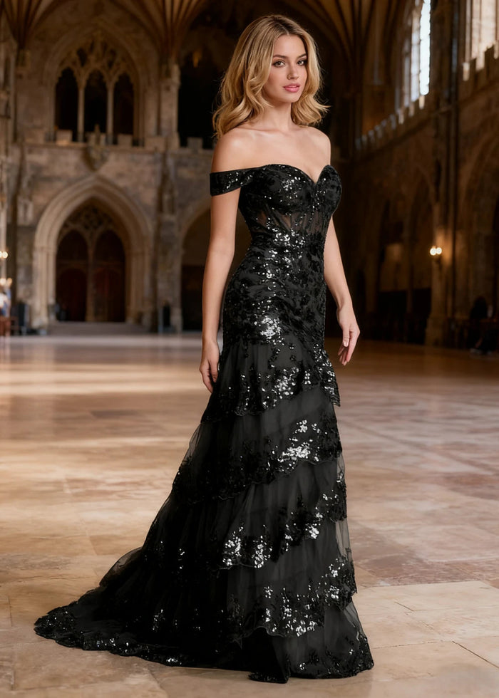 Reverie Black Ruffle Off the Shoulder Prom Dress | Mermaid Sweetheart Strapless Sequin Dress Split - US0 - PromDressClub
