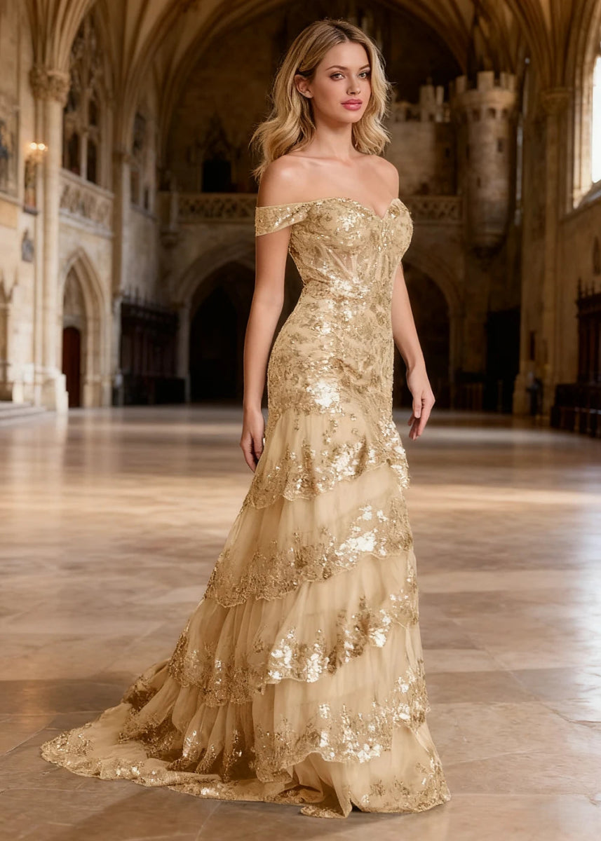 Reverie Champagne Ruffle Off the Shoulder Prom Dress | Mermaid Sweetheart Strapless Sequin Dress Split - US0 - PromDressClub