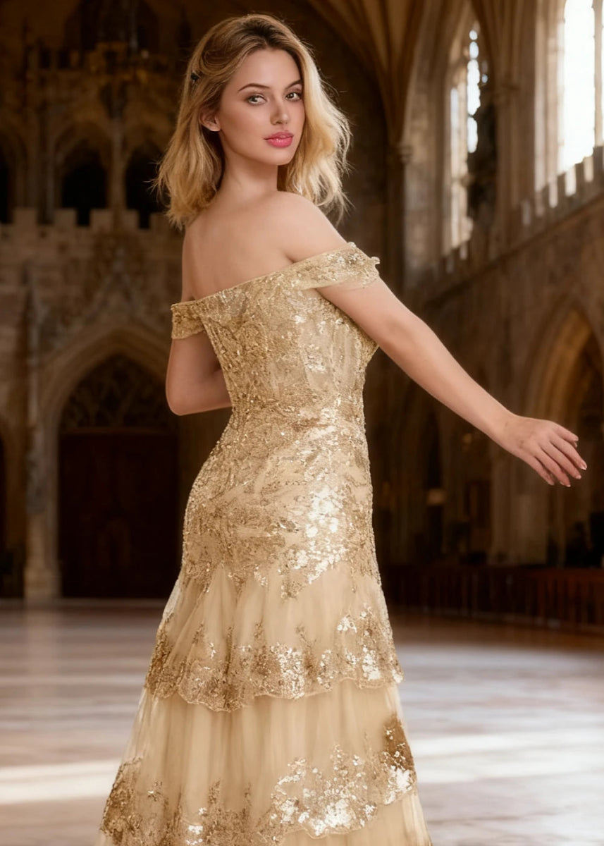 Reverie Champagne Ruffle Off the Shoulder Prom Dress | Mermaid Sweetheart Strapless Sequin Dress Split - US0 - PromDressClub