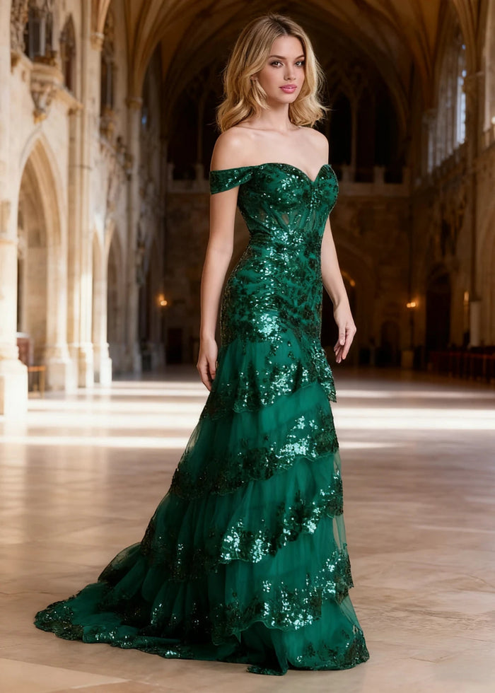 Reverie Emerald Green Ruffle Off the Shoulder Prom Dress | Mermaid Sweetheart Strapless Sequin Dress Split - US0 - PromDressClub