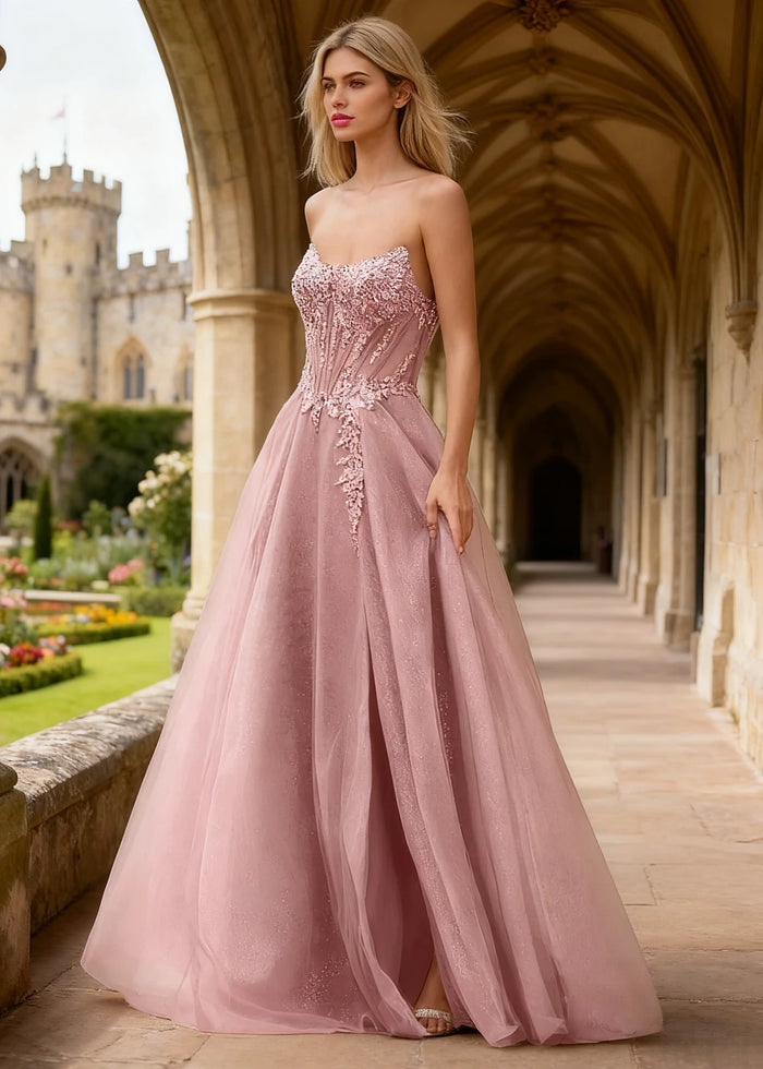 Rhea Pink Corset Glitter Prom Dress | A - Line Strapless Floor Length Formal Dress with Slit - Pink - PromDressClub