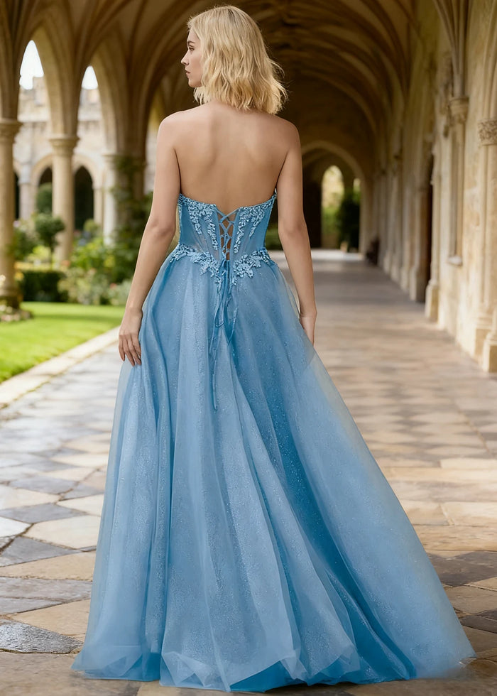 Rhea Sky Blue Corset Glitter Prom Dress | A - Line Strapless Floor Length Formal Dress with Slit - Sky Blue - PromDressClub