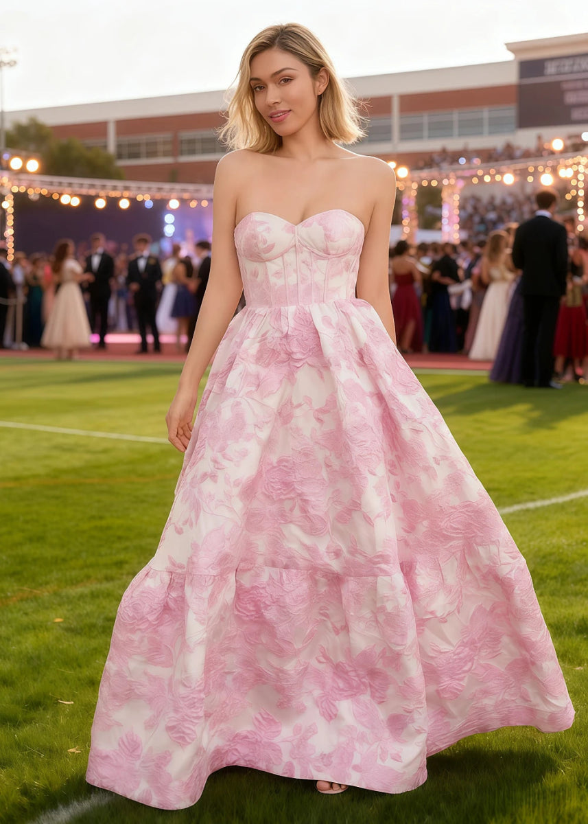 Rhythm Pink Floral Strapless Corset Prom Dress | A - Line Sweetheart Neckline Backless Floor Length Dress - Light Blue - PromDressClub