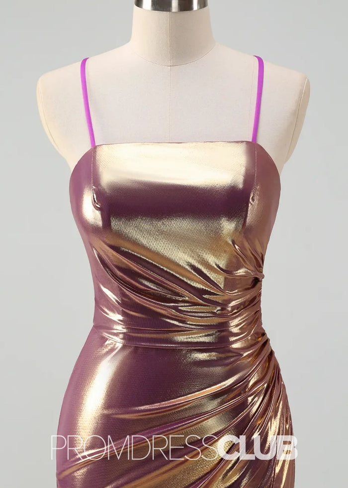 Rita |Rose Gold Metallic Long Prom Dresses Websites With Spaghetti Straps Mermaid Slit - Price #price_variant_lowest# - RosyBrown - PromDressClub