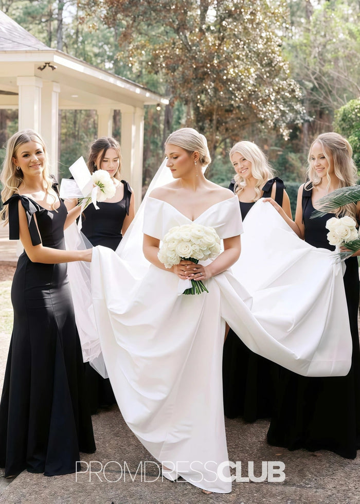 Rose | Trumpet Mermaid Bows Black Satin Maxi Bridesmaid Dress - Price #price_variant_lowest# - Black - PromDressClub