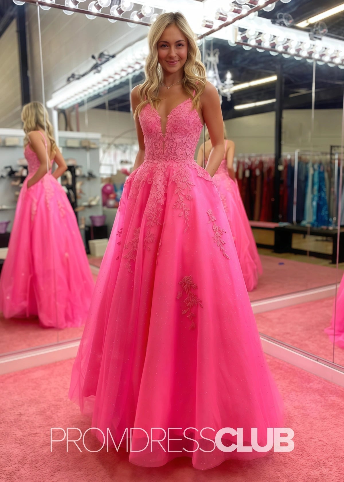 Sally |Hot Pink Long Prom Dresses Stores Near Me With V Neck A Line Lace - Hot Pink - PromDressClub