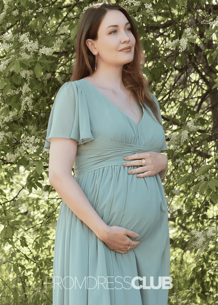 Salome | A Line Maternity Plus Size Sage Green Chiffon Long Bridesmaid Dress - Price #price_variant_lowest# - Sage - PromDressClub