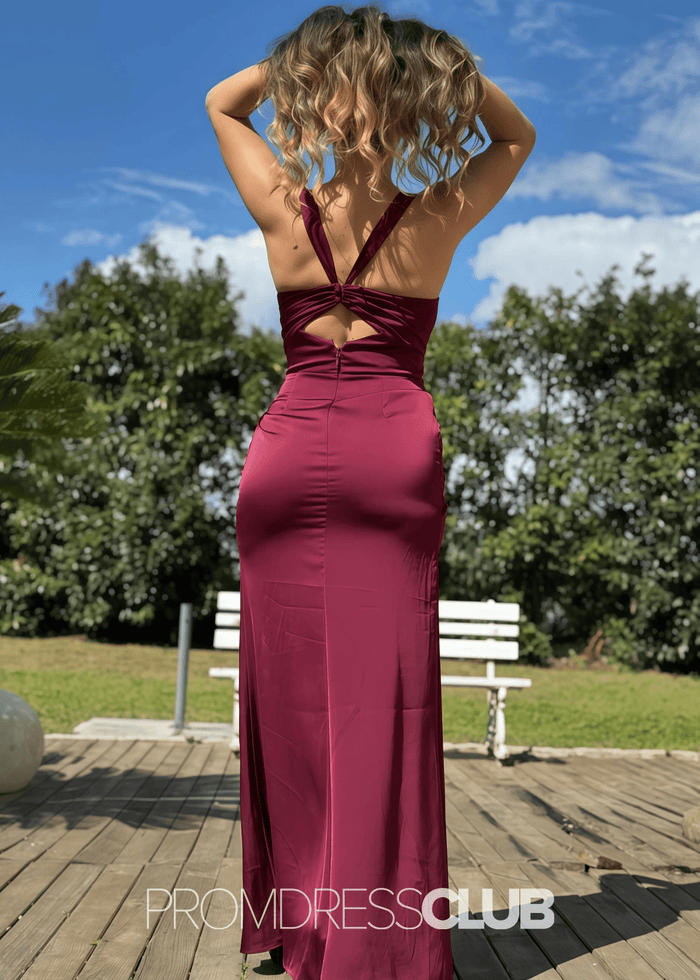 Samantha | Mermaid Cutout Back Ruched Burgundy Satin Long Bridesmaid Dress - Price #price_variant_lowest# - Burgundy - PromDressClub