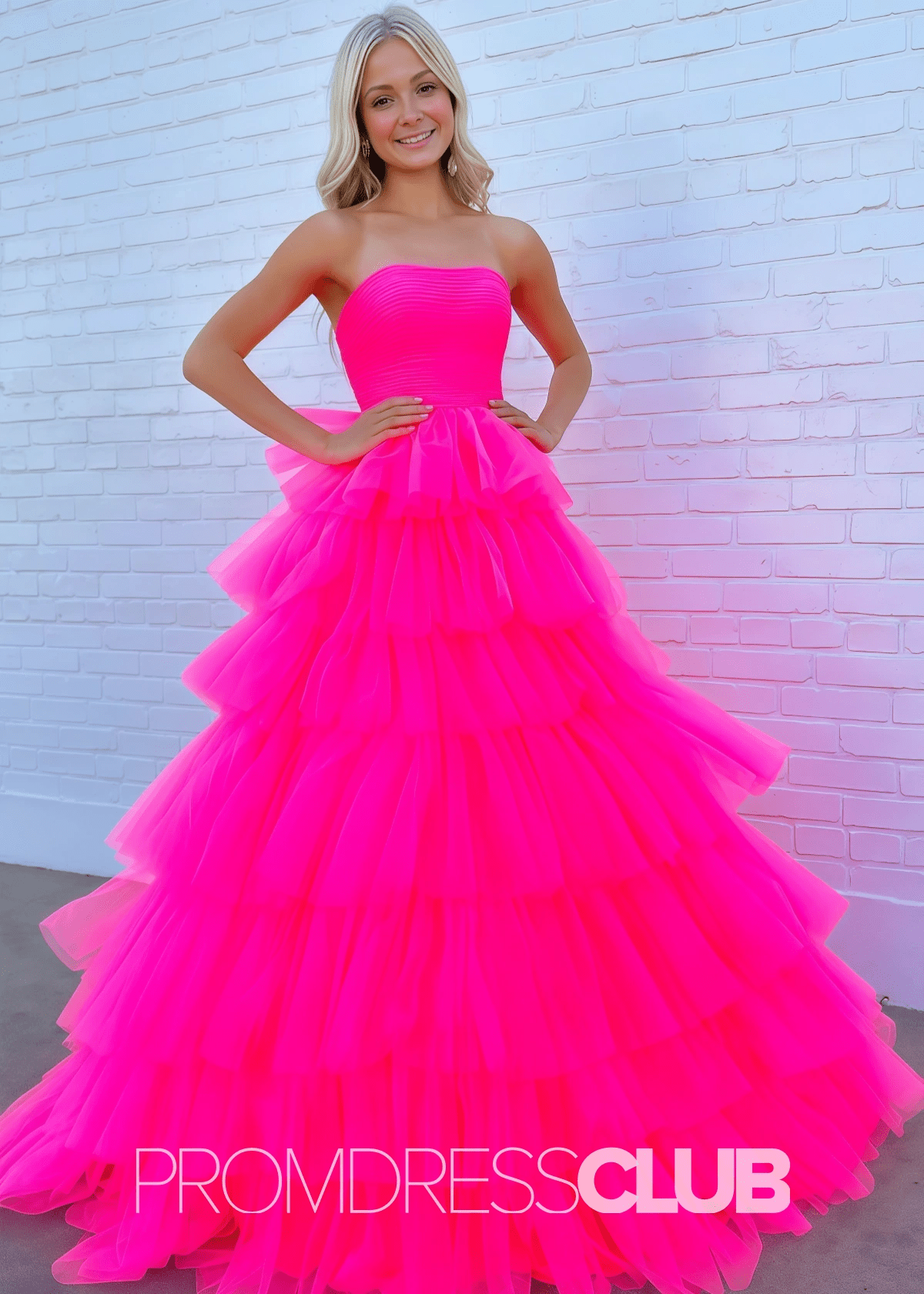 Sandra |Burgundy Long Prom Dresses With A - Line Strapless Tiered Tulle Ruffles - Hot Pink - PromDressClub