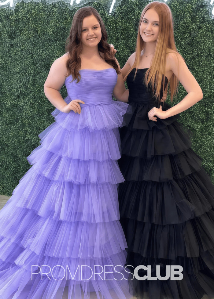 Sandra |Burgundy Long Prom Dresses With A - Line Strapless Tiered Tulle Ruffles - Lavender - PromDressClub