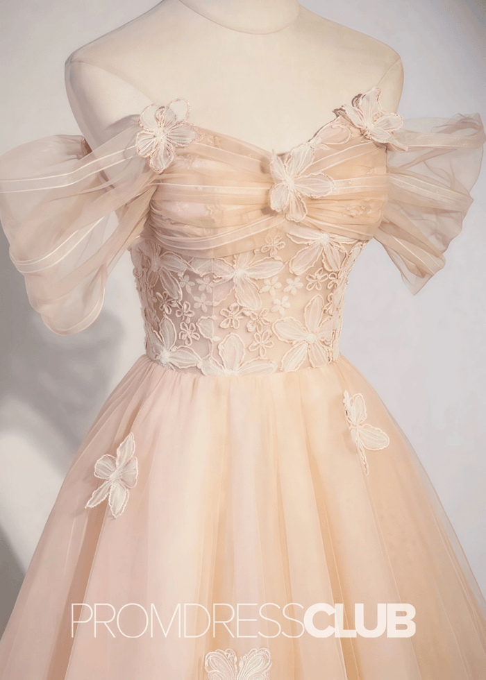 Sarah |Champagne Long Formal Dresses With A Line Off Shoulder Cute Flowers Tulle - Price #price_variant_lowest# - Champagne - PromDressClub