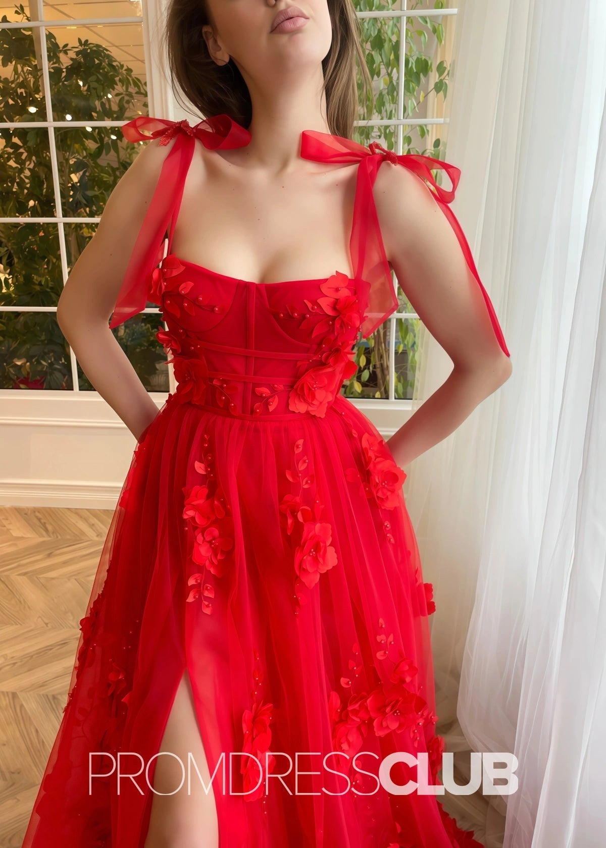 Selena |Red Long Prom Dresses With Scarlet Lace A - line 3D Flower Slit - Red - PromDressClub