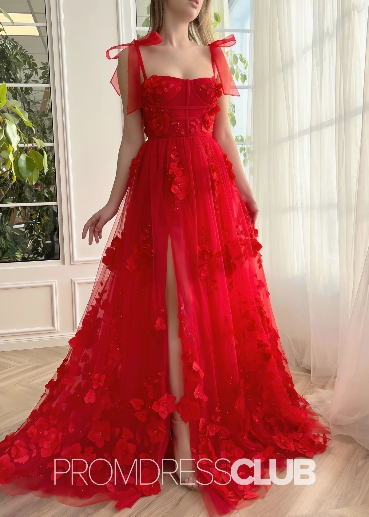 Selena |Red Long Prom Dresses With Scarlet Lace A - line 3D Flower Slit - Red - PromDressClub