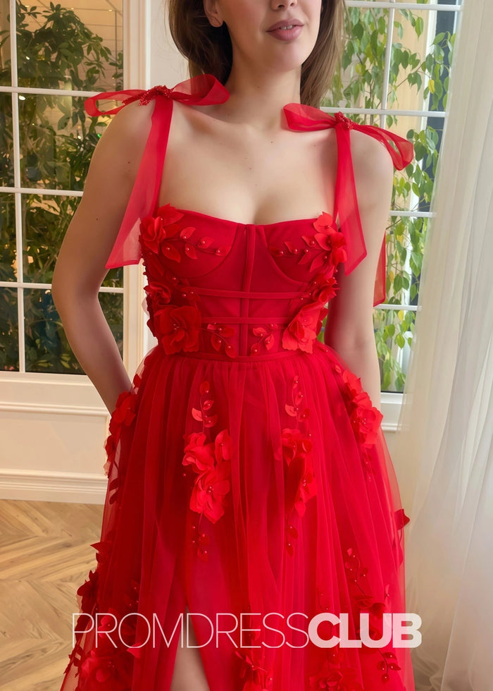 Selena |Red Long Prom Dresses With Scarlet Lace A - line 3D Flower Slit - Price #price_variant_lowest# - Red - PromDressClub