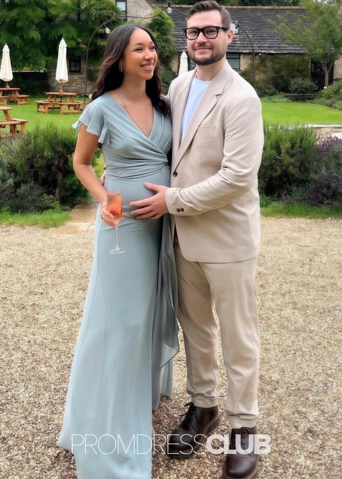 Selena | Sheath Column Surplice Slit Dusty Blue Chiffon Maxi Bridesmaid Dress - Price #price_variant_lowest# - Dusty Blue - PromDressClub