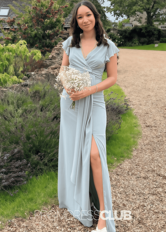 Selena | Sheath Column Surplice Slit Dusty Blue Chiffon Maxi Bridesmaid Dress - Price #price_variant_lowest# - Dusty Blue - PromDressClub