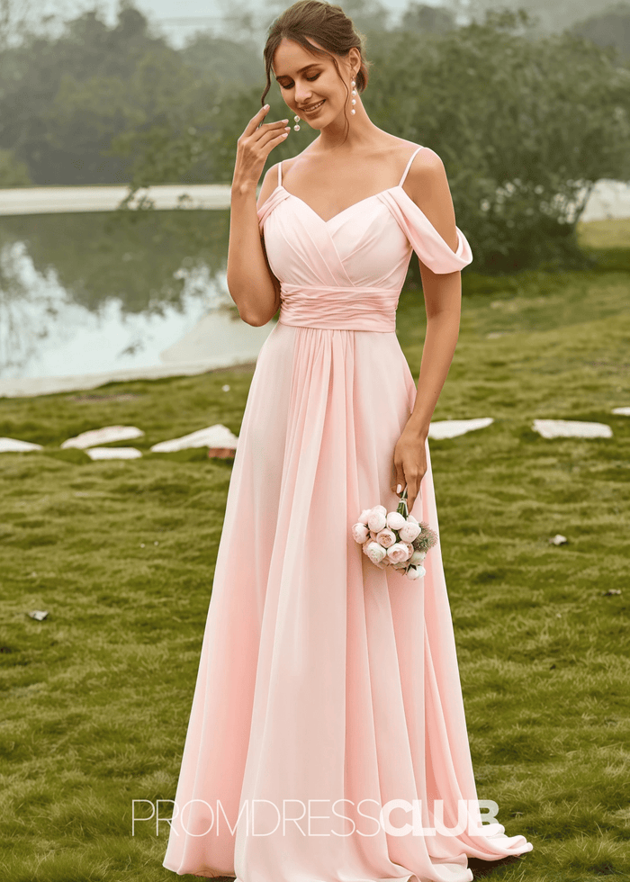 Setlla | A Line Corset Light Pink Chiffon Maxi Bridesmaid Dress - Price #price_variant_lowest# - Light Pink - PromDressClub