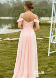 Setlla | A Line Corset Light Pink Chiffon Maxi Bridesmaid Dress - Light Pink - PROMDRESS Club