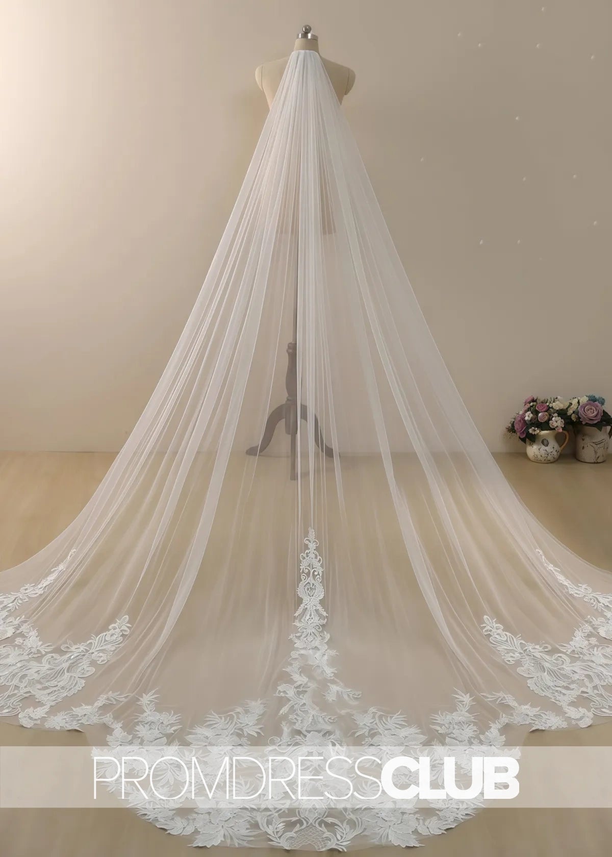 Shaped Bridal Veil With Vintage Lace Cathedral Wedding Veil - Ivory - PromDressClub