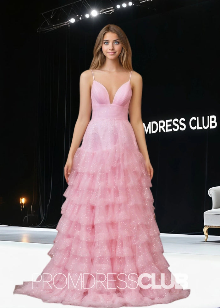 Sharon |Light Pink Long Prom Dresses With A - Line Tiered Spaghetti Straps Tulle - Price #price_variant_lowest# - Light Pink - PromDressClub