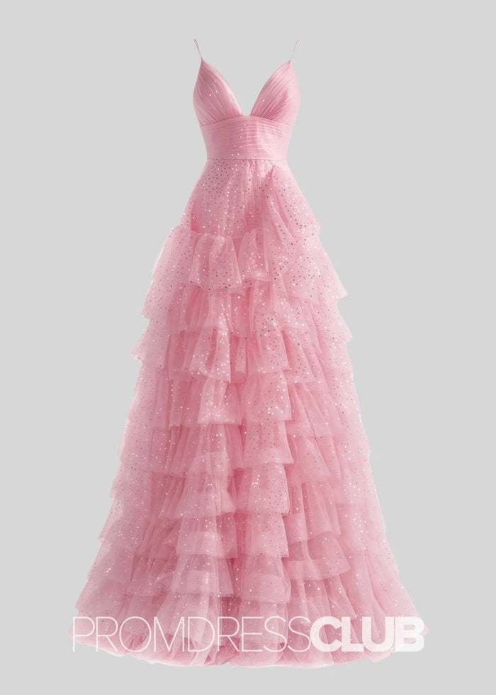 Sharon |Light Pink Long Prom Dresses With A - Line Tiered Spaghetti Straps Tulle - Price #price_variant_lowest# - Light Pink - PromDressClub