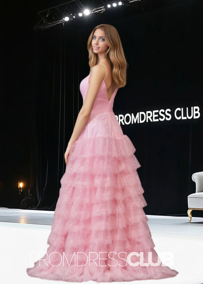 Sharon |Light Pink Long Prom Dresses With A - Line Tiered Spaghetti Straps Tulle - Price #price_variant_lowest# - Light Pink - PromDressClub