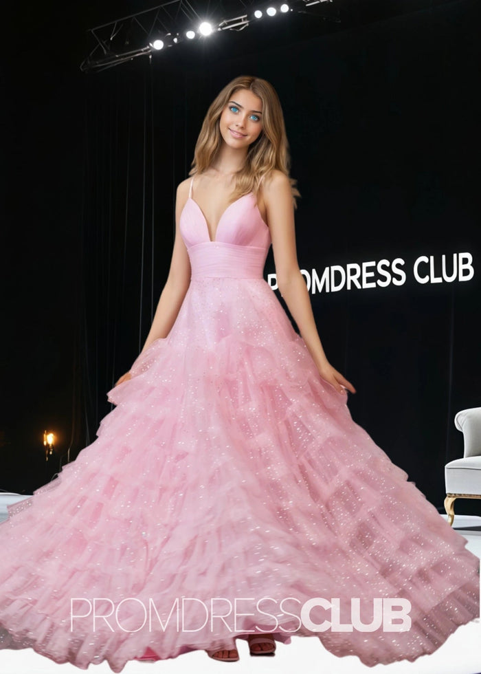 Sharon |Light Pink Long Prom Dresses With A - Line Tiered Spaghetti Straps Tulle - Price #price_variant_lowest# - Light Pink - PromDressClub
