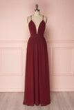 Wallis |Sheath Chiffon Burgundy Bridesmaid Dress Long V Neck - Burgundy - US0 - PromDressClub