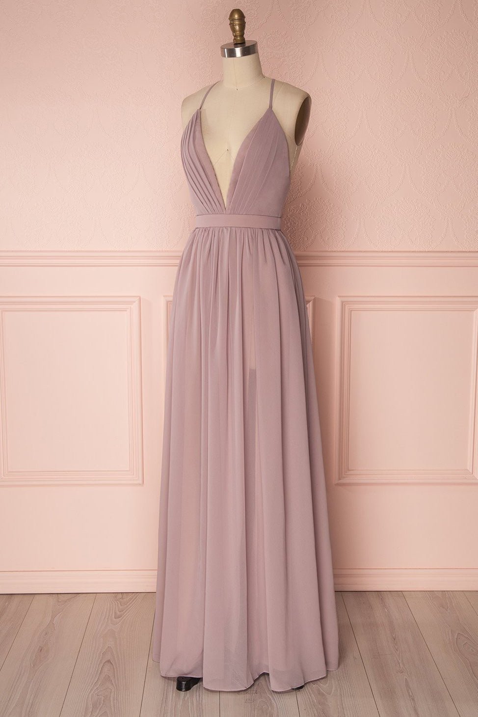 Wallis |Sheath Chiffon Burgundy Bridesmaid Dress Long V Neck - Pink - US0 - PromDressClub