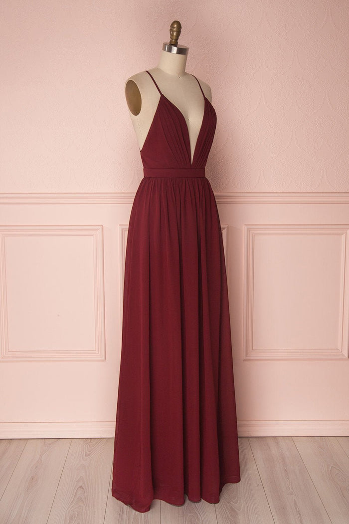 Wallis |Sheath Chiffon Burgundy Bridesmaid Dress Long V Neck - Burgundy - PromDressClub