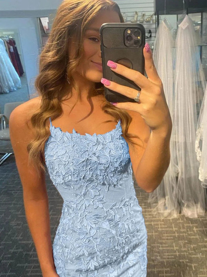 Tammy |Sheath Spaghetti Straps Lace Short Sky Blue Homecoming Dress With Criss Cross Lace - up Back - Sky Blue - PromDressClub