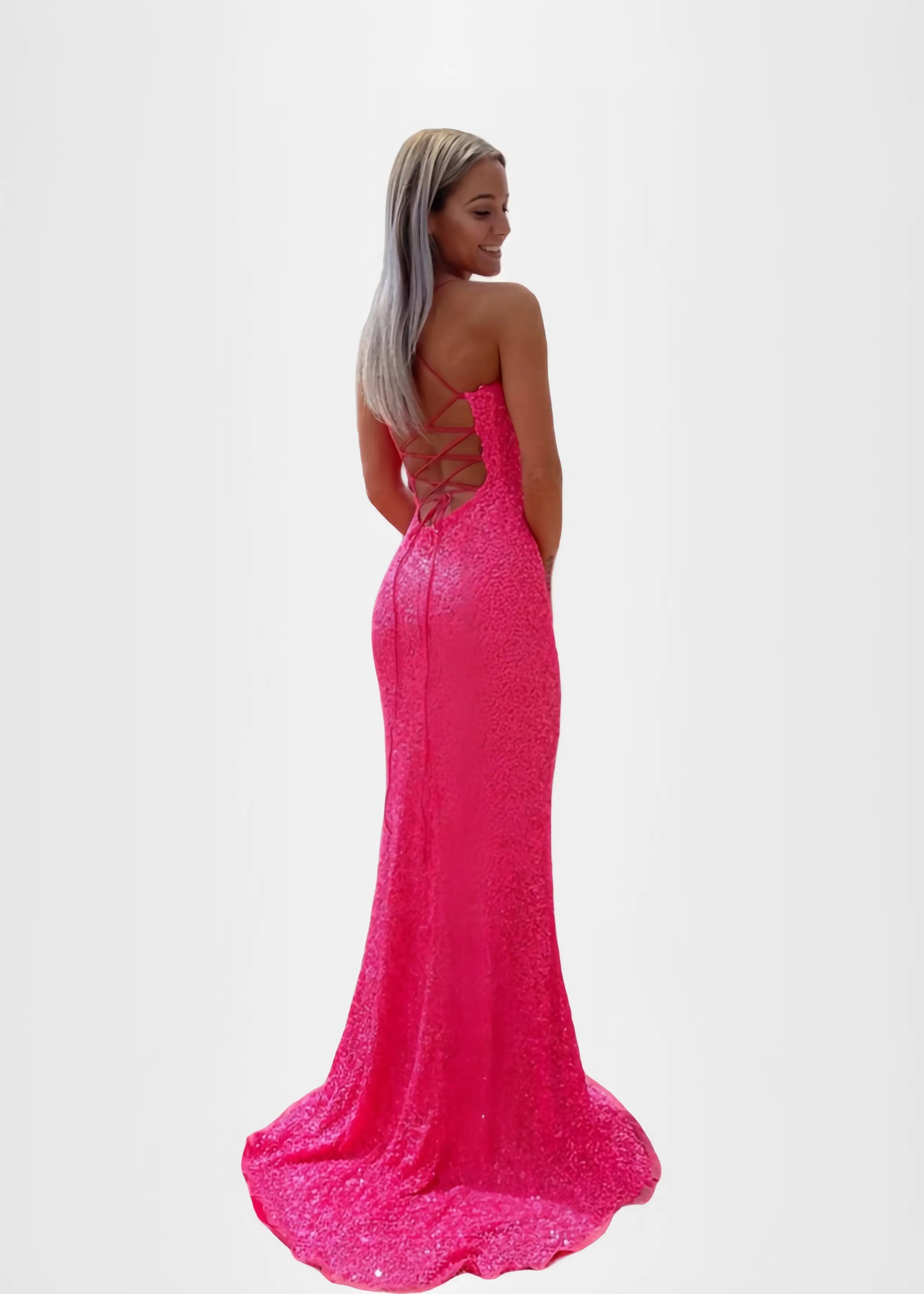 Kelly |Sheath/Column Glitter Straps Hot Pink Square Slit Long Prom Dress with Sequins - Pink - US0 - PromDressClub