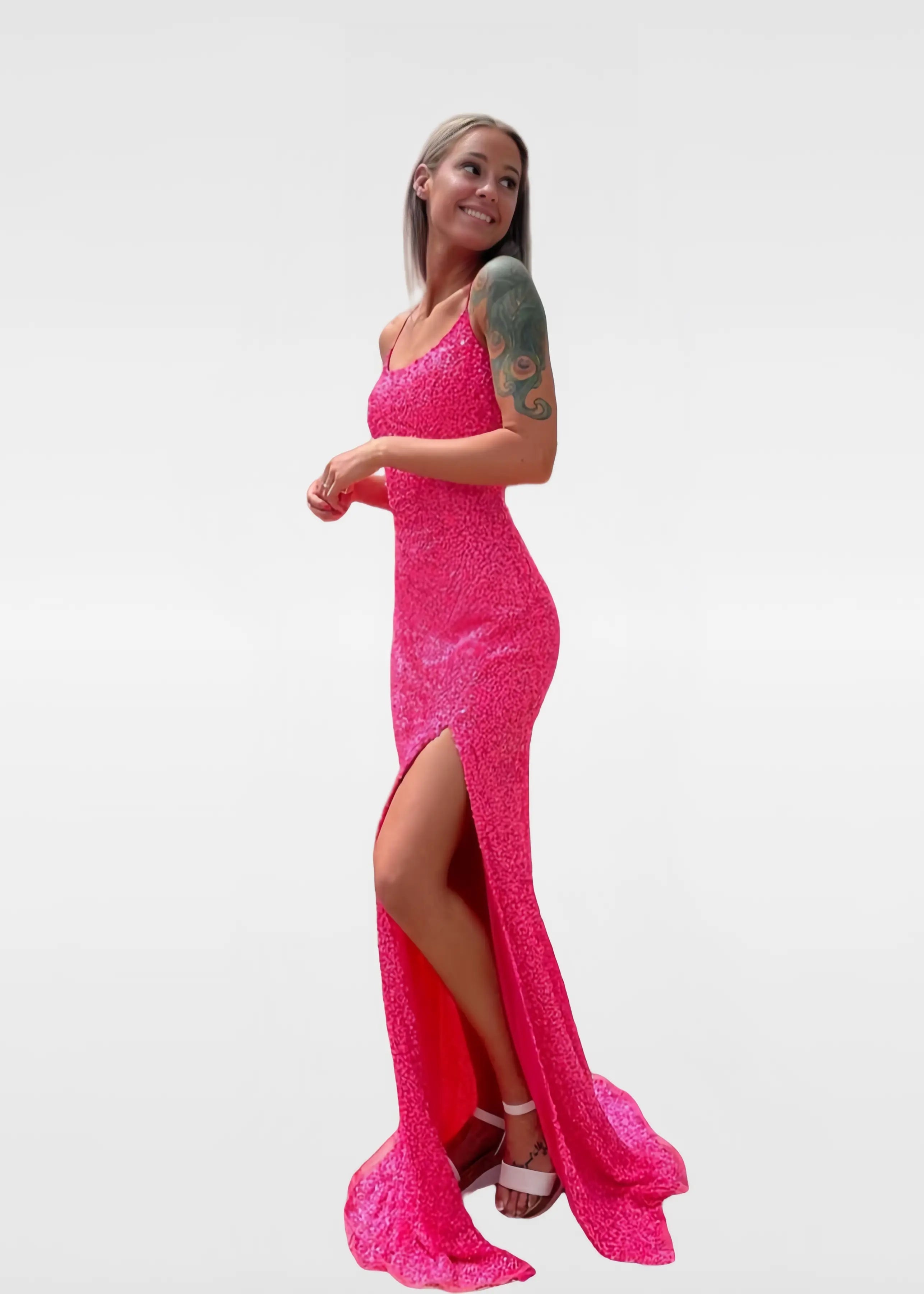 Kelly |Sheath/Column Glitter Straps Hot Pink Square Slit Long Prom Dress with Sequins - Pink - US0 - PromDressClub