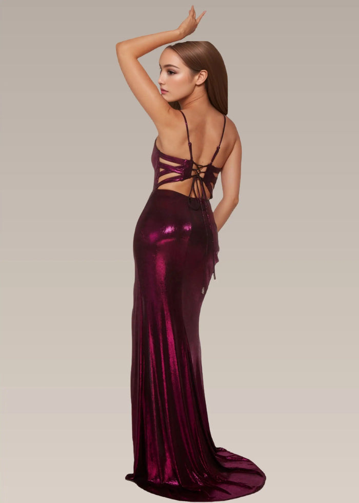 Karen |Mermaid Plunging Neckline Front Slit Metallic Stretch Corset Dress Open Back Royal Blue Long Prom Dresses With Train - Burgundy - PromDressClub