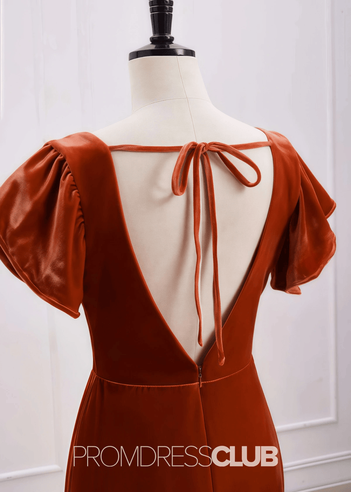 Sheila | A Line Surplice Backless Rust Orange Velvet Maxi Bridesmaid Dress - Price #price_variant_lowest# - Bronzer - PromDressClub