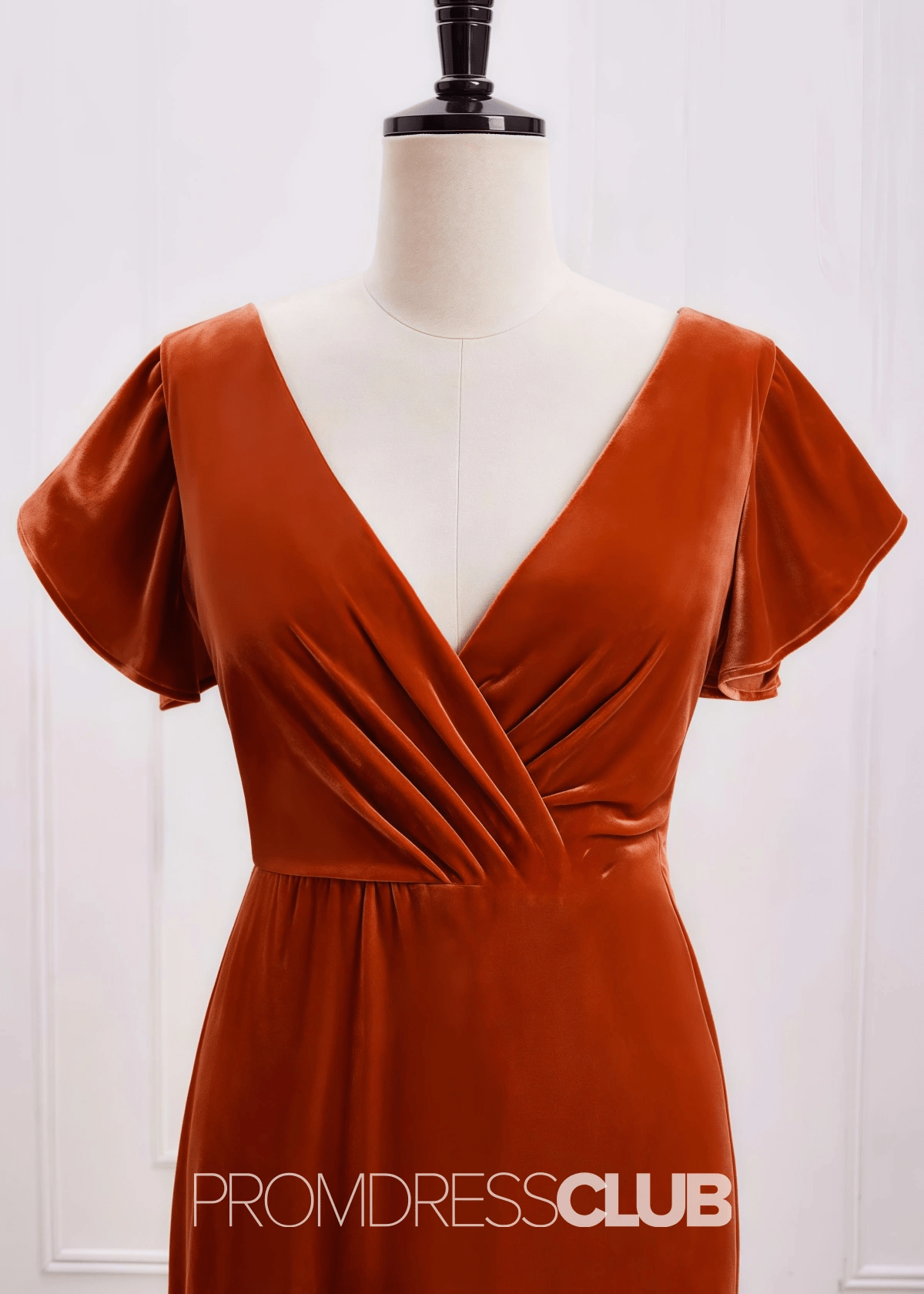 Sheila | A Line Surplice Backless Rust Orange Velvet Maxi Bridesmaid Dress - Bronzer - PROMDRESS Club