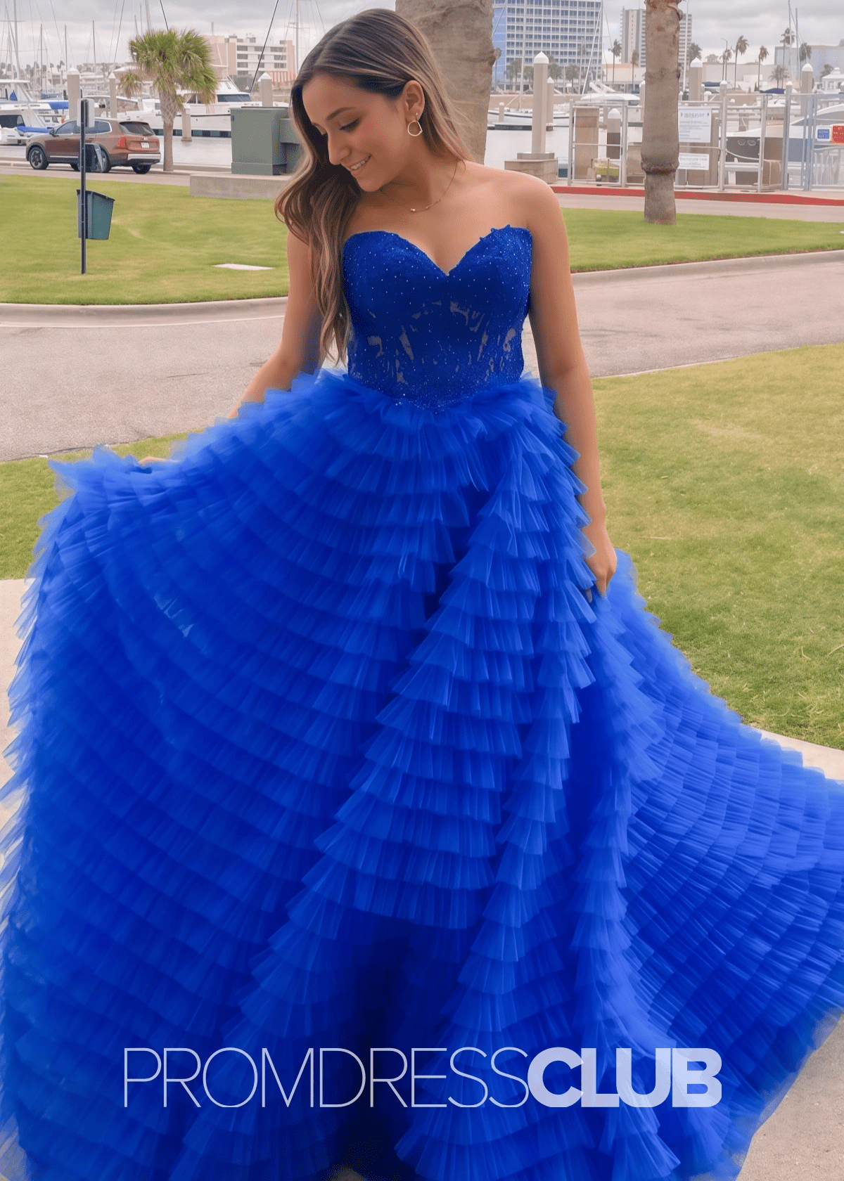 Sheila |Black Long Prom Dresses With A - line Strapless Multi - Layers Tulle Slit - Royal Blue - PromDressClub