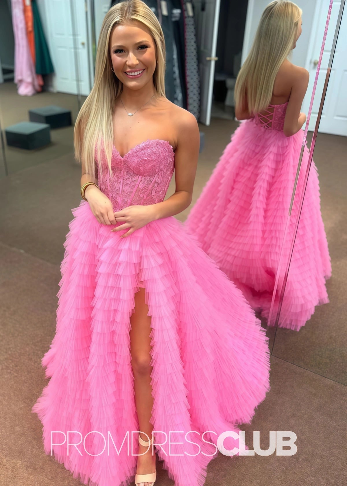 Sheila |Black Long Prom Dresses With A - line Strapless Multi - Layers Tulle Slit - Hot Pink - PromDressClub