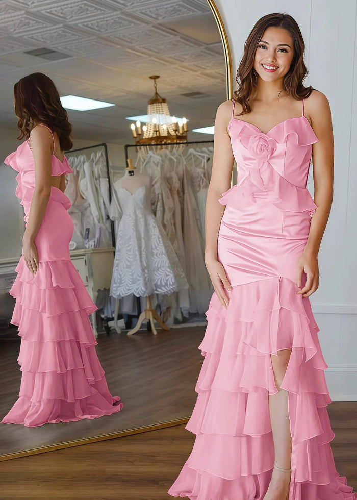 Shine Bright Yellow Flower Ruffle Chiffon Prom Dress with Slit – Unforgettable Prom Nights - Light Pink - PromDressClub