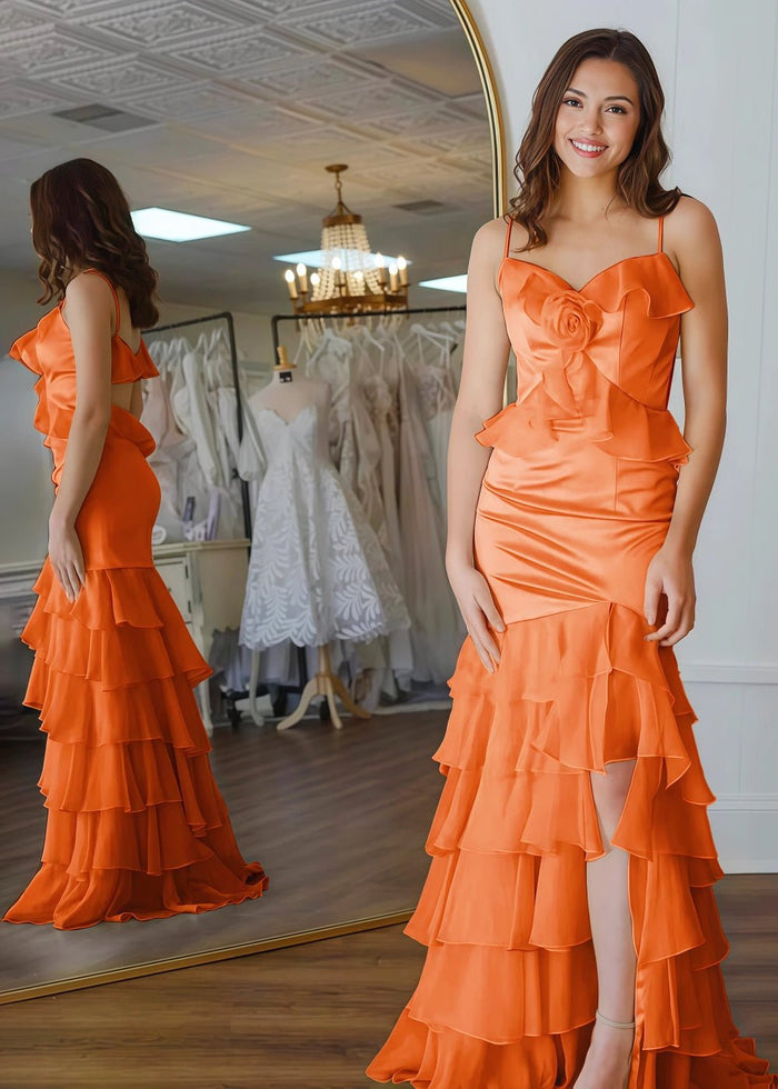 Shine Bright Yellow Flower Ruffle Chiffon Prom Dress with Slit – Unforgettable Prom Nights - Orange - PromDressClub