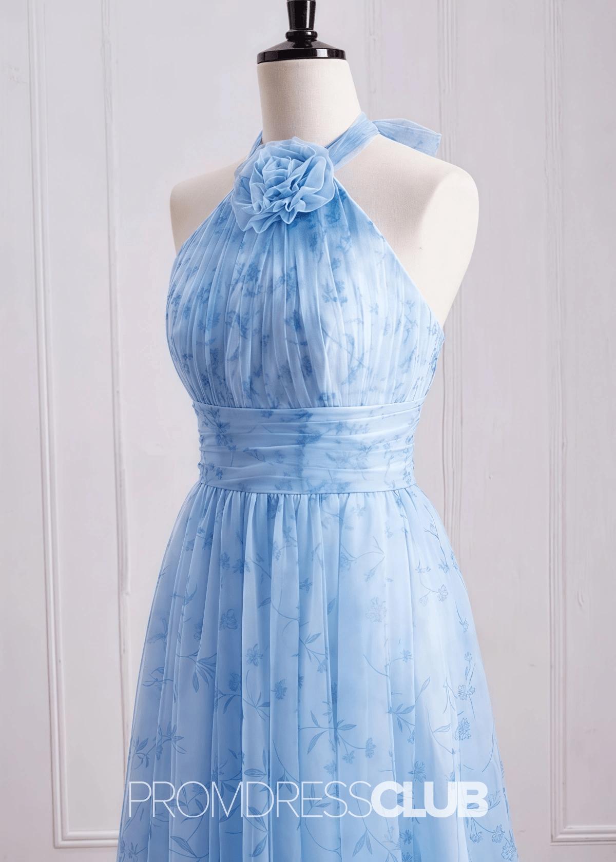 Shirley | A Line 3D Flower Light Blue Floral Print Tulle Long Bridesmaid Dress - Light Blue Floral - PROMDRESS Club