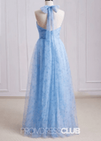 Shirley | A Line 3D Flower Light Blue Floral Print Tulle Long Bridesmaid Dress - Light Blue Floral - PROMDRESS Club