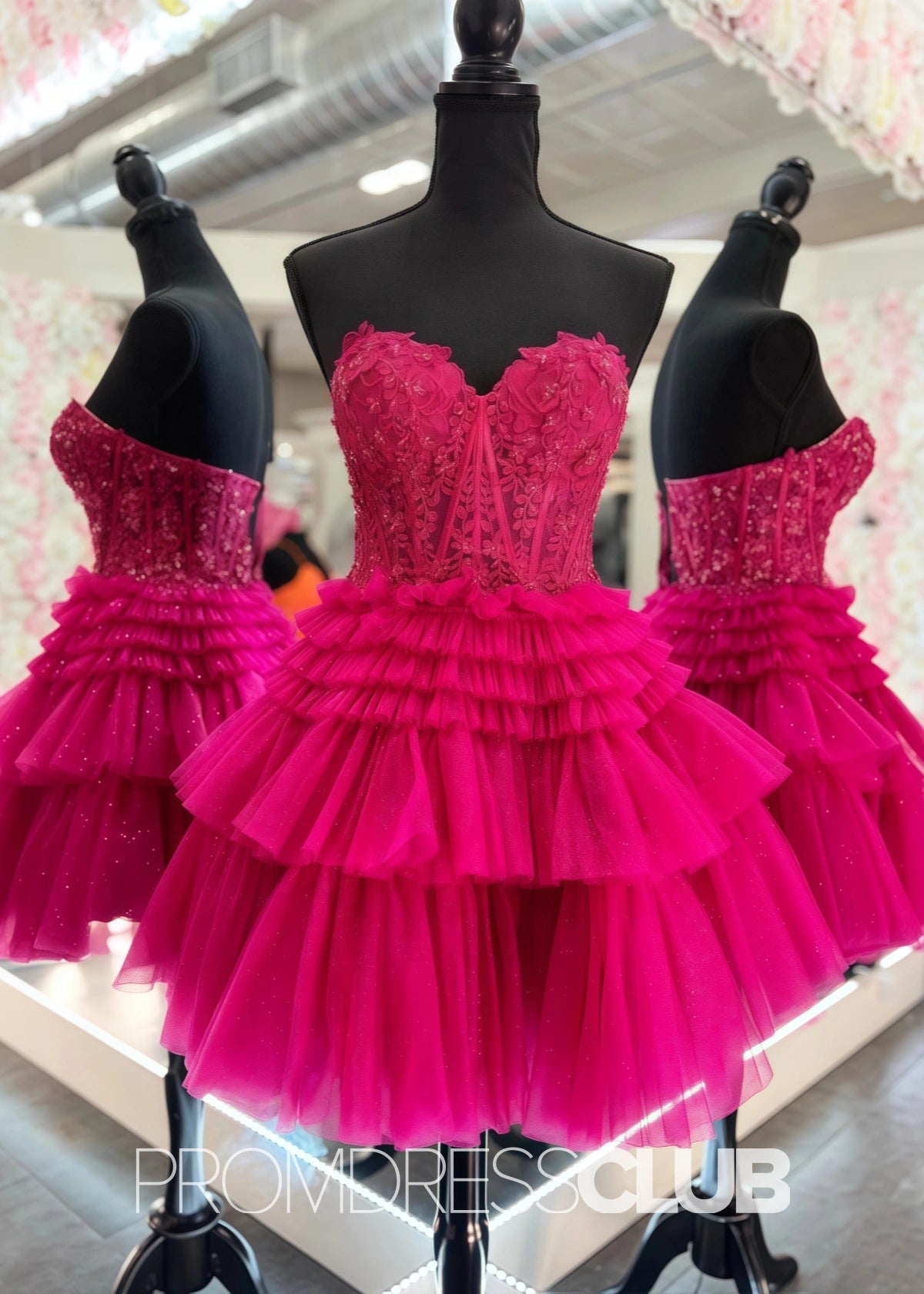 Shirley |Black Short Homecoming Dresses With A Line Sweetheart Tulle Ruffles - Fuchsia - PromDressClub