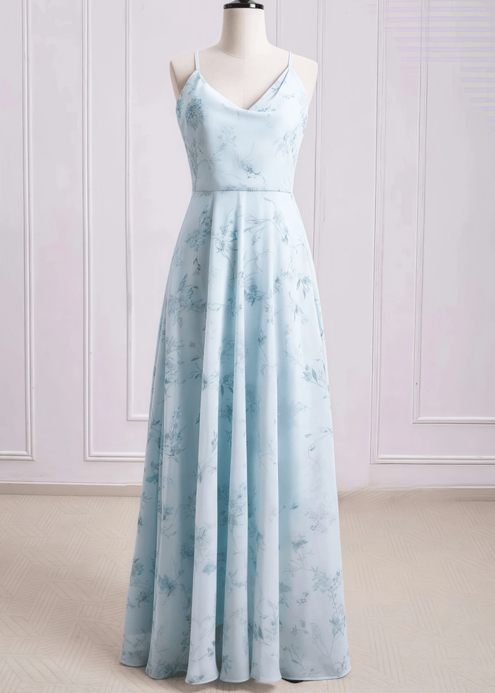 Sibyl | A Line Light Green Floral Print Chiffon Long Bridesmaid Dress - Price #price_variant_lowest# - Light Green Floral - PromDressClub